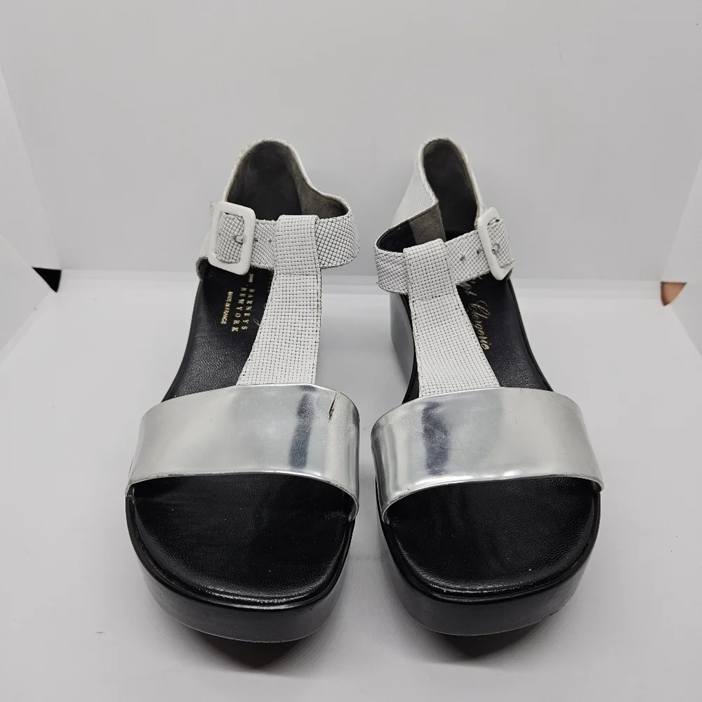 Robert Cleregie leather platform T-strap sandals black white silver EU 36